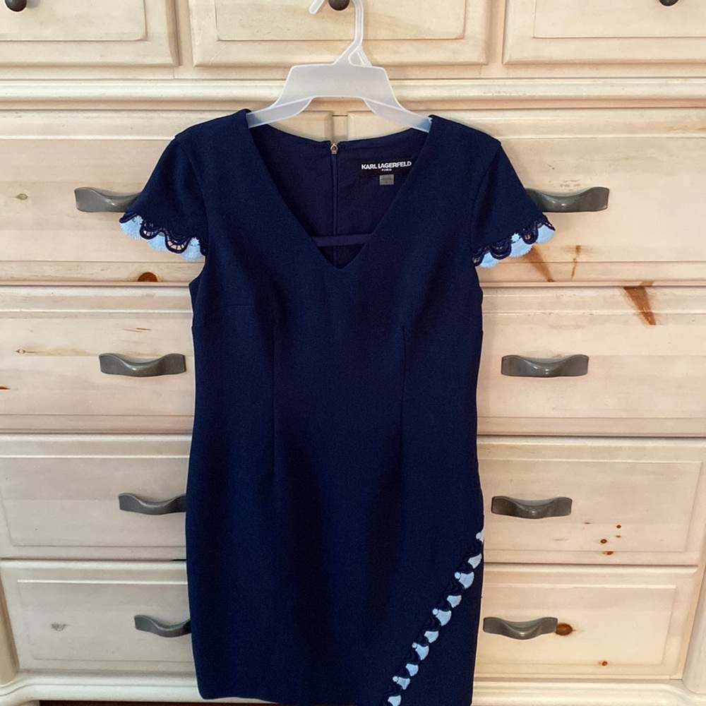 Karl Lagerfeld Navy Blue Dress With Light Blue Sleeve Trim